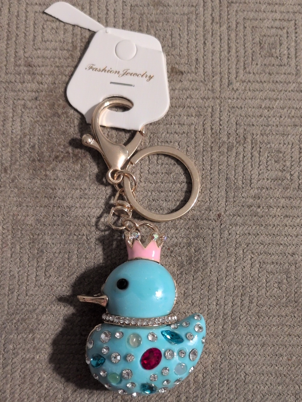 Fashion Jewelry Blue Duck Keychain with Pink Crown and Crystal Accents